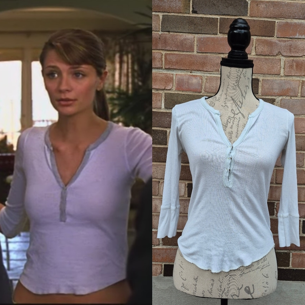 ASO Marissa Cooper The OC Joie White Blue Ribbed Henley Snap Button S